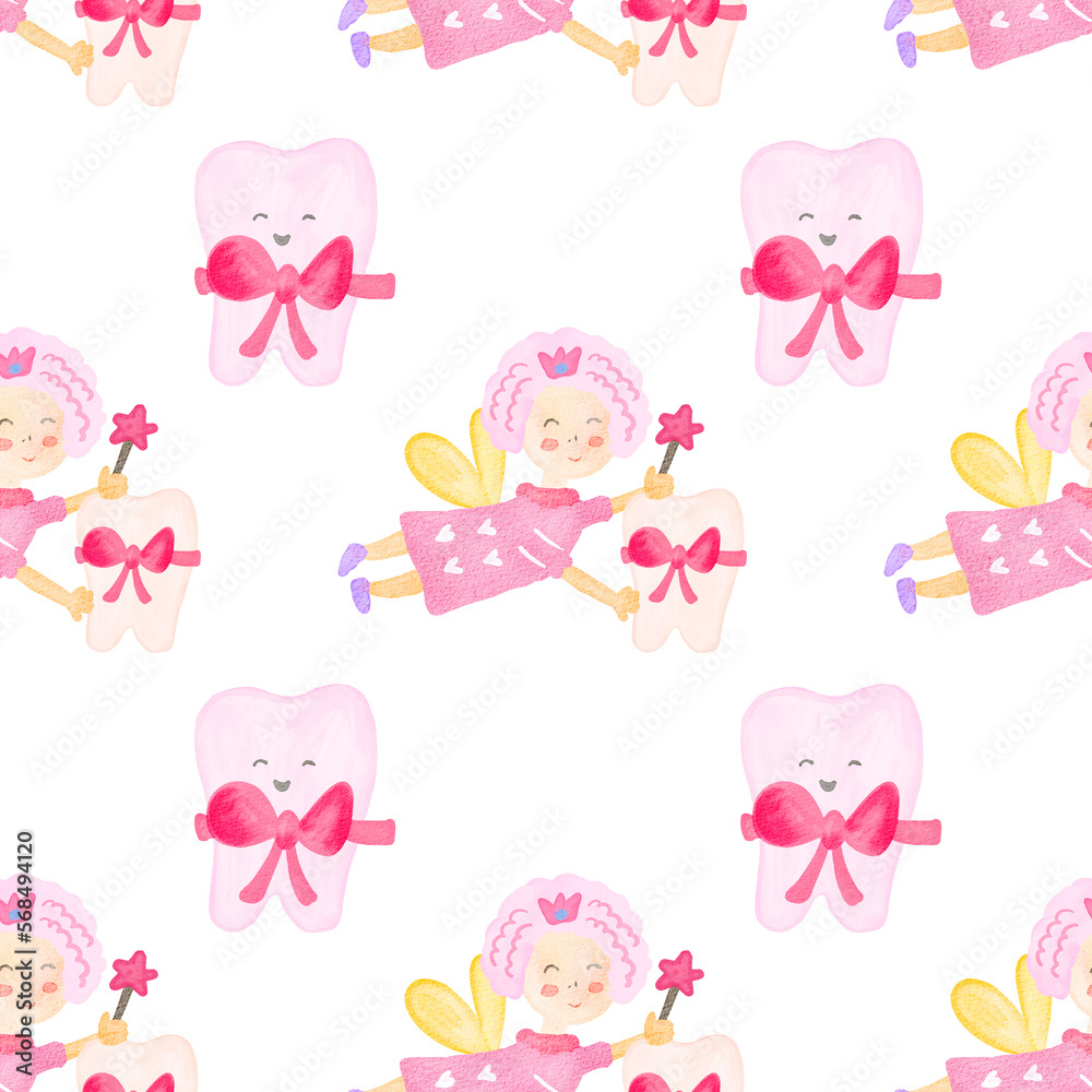 Tiny tooth watercolor pattern. Cute cartoon tiny tooth. Tooth fairy first tooth pattern. Hand drawn watercolor background digital paper Tiny tooth watercolor pattern. Cute cartoon tiny tooth. Tooth fairy first tooth pattern. Hand drawn watercolor background digital paper