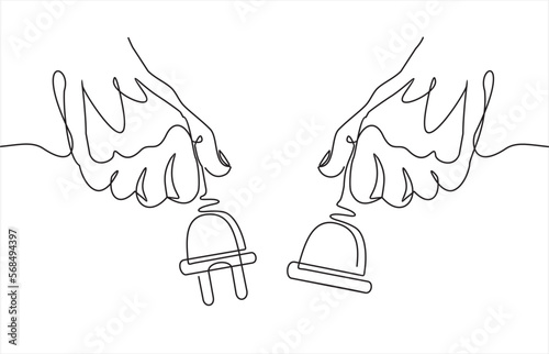 continuous One  line drawing of hands hold Electrical outlet and plug unplugged. 404 error, page not found, connection error or time out. 