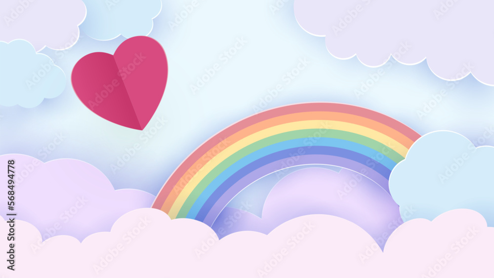 Valentine s day background with a heart flying through the clouds. Romantic paper art in origami style. Rainbow in the clouds. Vector