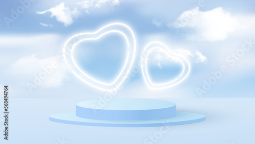 Minimal scene with blue cylindrical podium, hearts and sky. Stage for product demonstration, showcase. Vector