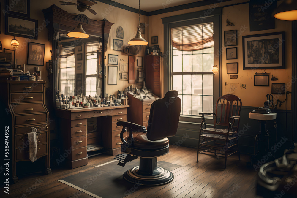 Classic barbershop filled with vintage décor, such as old-fashioned barber  chair, traditional barber pole, and antique fixtures. Walls are lined with  vintage posters and barbering tools. Generative AI Stock Illustration |  Adobe