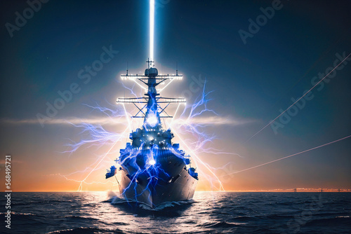 front view of battleship covered with energy and electrical high voltage as in the Philadelphia experiment to achieve electromagnetic cloak and white energy beam of light from top, generative AI
