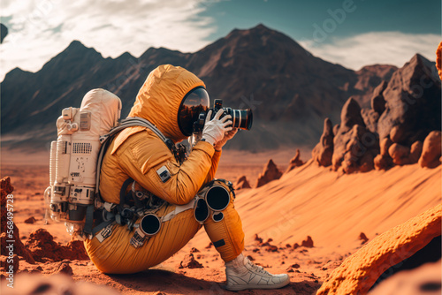 Astronaut photographer takes a photo of a landscape on an alien planet, the concept of travel, exploration and lifestyle, ai generated art