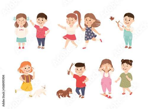 Offensive Kids Bullying and Abusing the Weak Agemate Teasing and Laughing at Them Vector Set photo