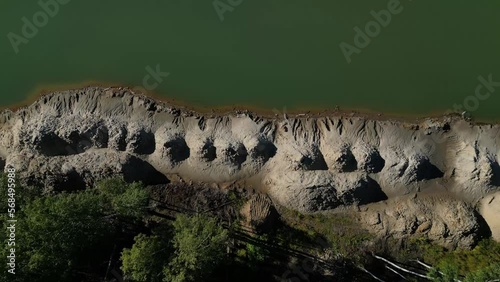 A fascinating view of the shoreline of the lake from a drone. An unusual beach. Drone view