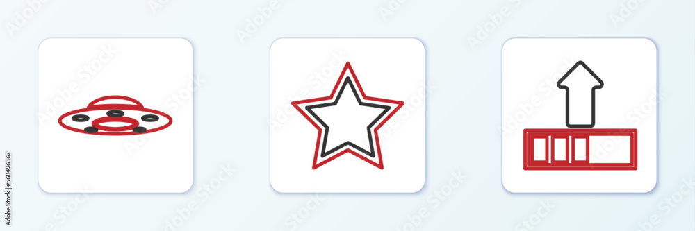 Set line Loading, UFO flying spaceship and Star icon. Vector Set line Loading, UFO flying spaceship and Star icon. Vector