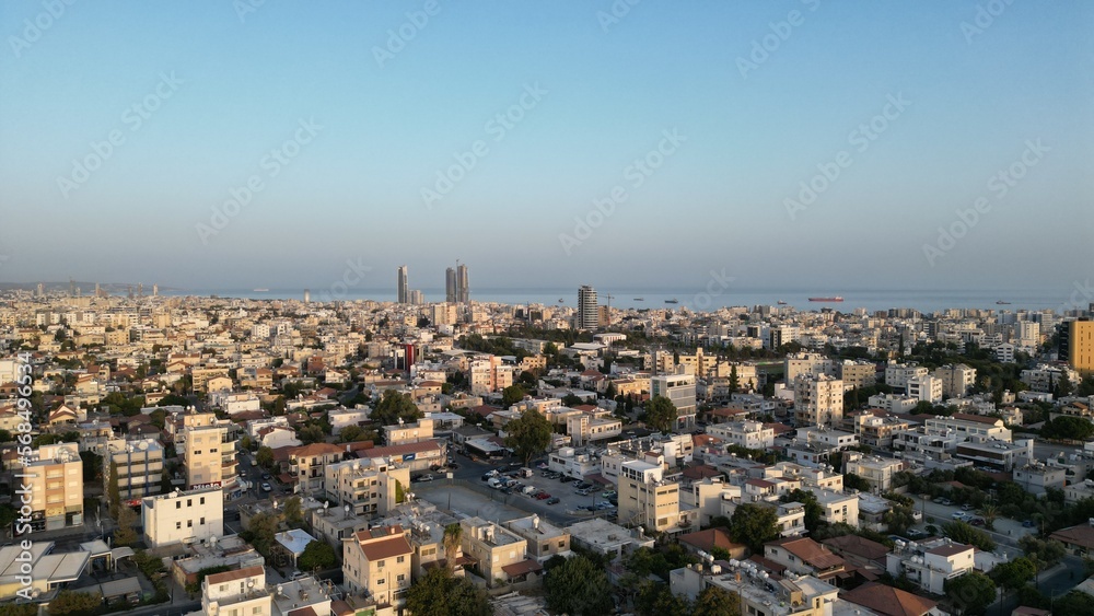 Incredible view of Limassol city at sunset. Urban infrastructure. The view from the drone. Amazing view in Cyprus.
