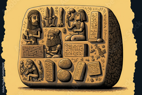 cuneiform writing on ancient sumerian stone carvings. Generative AI photo
