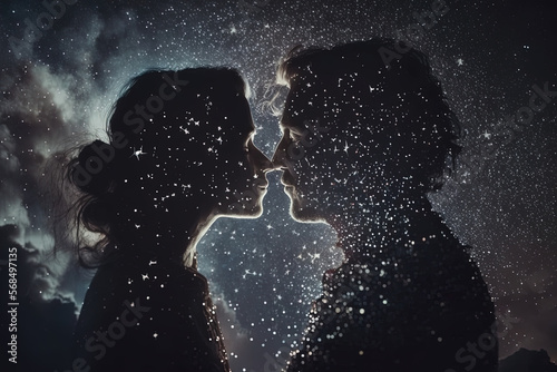 Silhouette of a couple kissing at the night sky full of stars with created with Generative AI technology