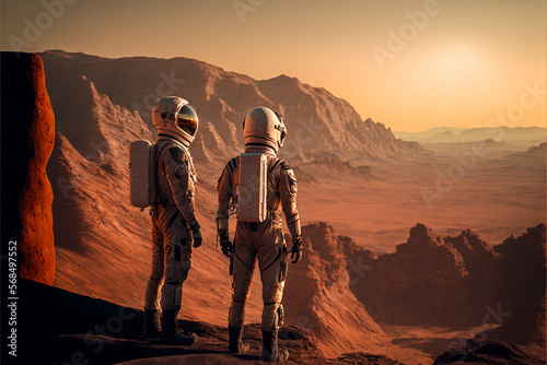 Two astronauts on the edge of a cliff. Journey concept, ai generated illustration