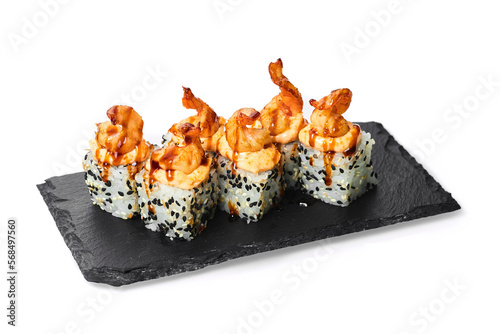 Rolls with a cap of shrimp on a white background