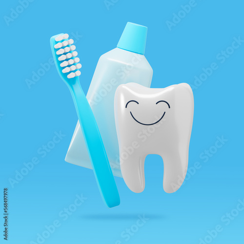 Cute human tooth character with toothbrush and tube of toothpaste on blue background. Dental care concept. 3D rendering.