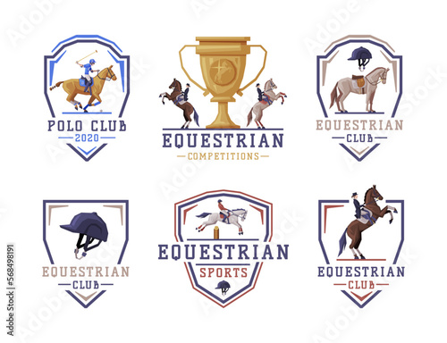 Equestrian Club Logo and Emblem with Jockey on Horseback Vector Set