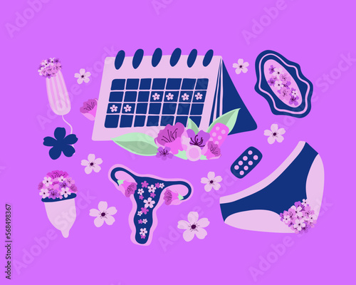 Vector isolated illustration of menstrual set. Women's health.
