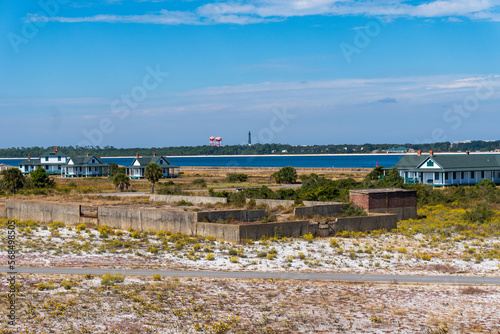 Gulf Islands National Seashore along Gulf of Mexico barrier islands of Florida. Fort Pickens on Santa Rosa Island. Pensacola Lighthouse, Pensacola Bay, Discovery Center, NAS Pensacola water towers. photo