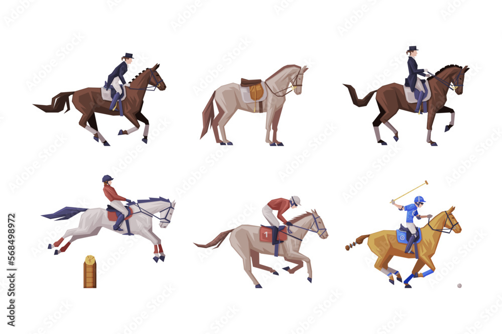 Jockey on Racing Horse Riding on Horseback in Saddle as Equestrian Sport Vector Set