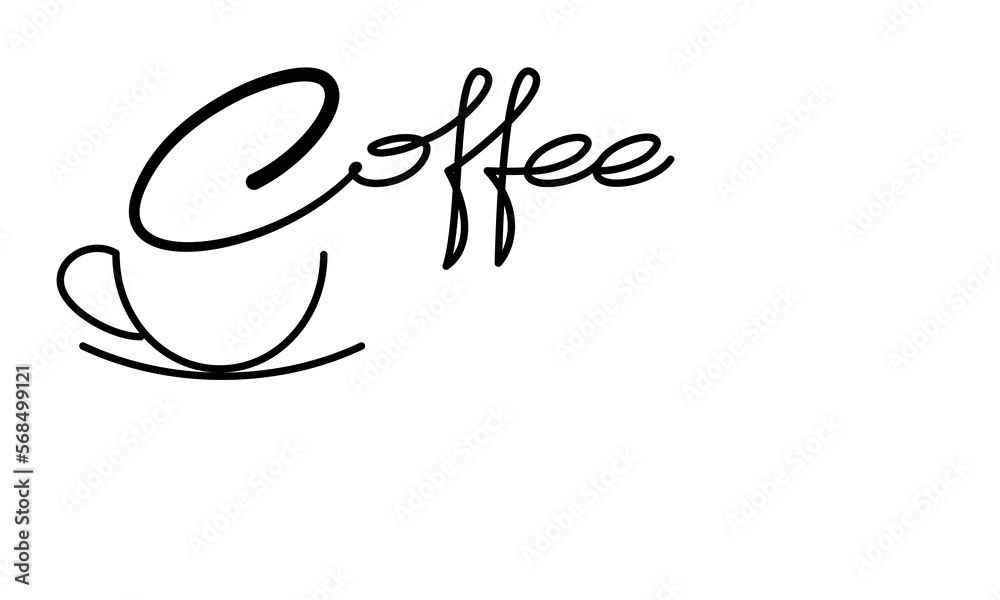 Cup of coffee and coffee logo. Word, text. Hot. Aroma of coffee. Continuous line drawing. Cup of coffee and coffee logo. Word, text. Hot. Aroma of coffee. Continuous line drawing.
