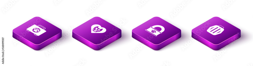 Set Isometric Pet first aid kit, Heart with cat, Canned food and carry case icon. Vector Set Isometric Pet first aid kit, Heart with cat, Canned food and carry case icon. Vector