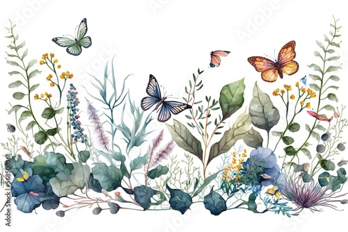 Bordure horizontale harmonieuse avec fleurs multicolores abstraites, feuilles et plantes vertes, papillons volants. Motif isolé à l'aquarelle sur fond blanc.