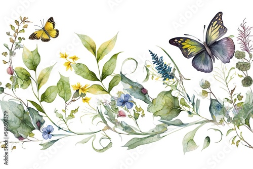 Bordure horizontale harmonieuse avec fleurs multicolores abstraites, feuilles et plantes vertes, papillons volants. Motif isolé à l'aquarelle sur fond blanc.