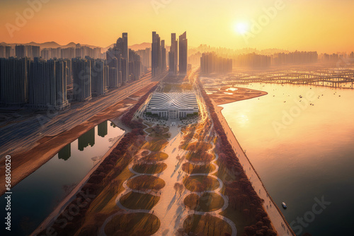Aerial and morning view of Olympic Boulevard and Yeouido Saetgang River with the National Assembly Building on April 11, 2022, in Yeouido, Yeongdeungpo gu, Seoul, South Korea. Generative AI photo