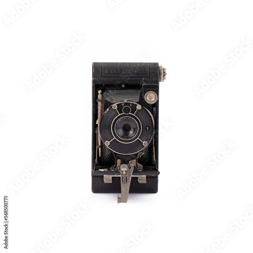 Foto Vintage black folding bellows camera shown from the front