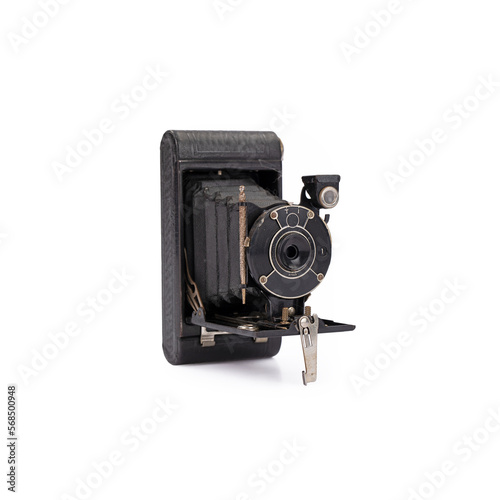 Fotografie Vintage black folding bellows camera in three-quarter view