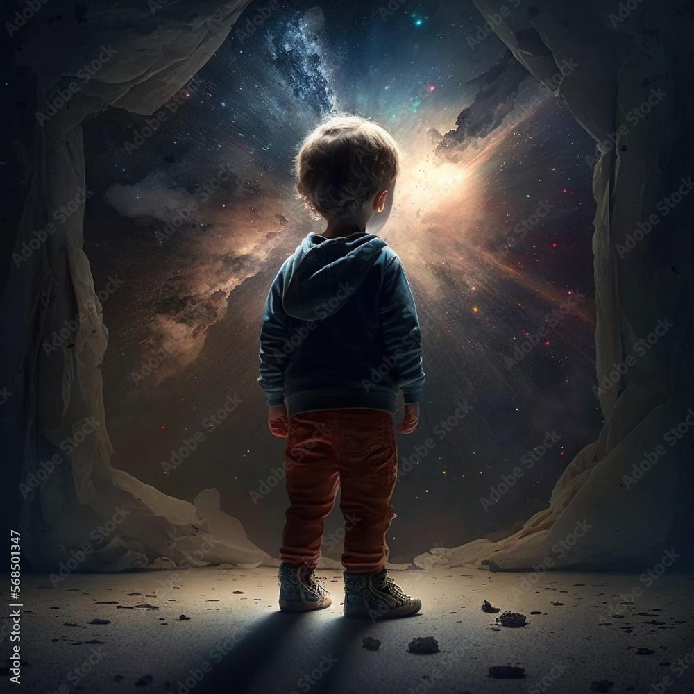 Young boy looking at the universe, Window to the cosmos, Creative artwork generated by AI