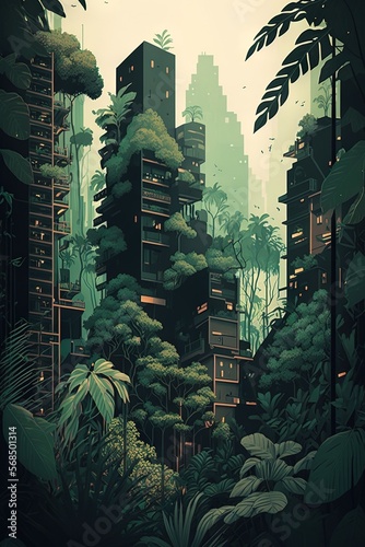 City overrun by nature, Urban jungle concept, Generative AI
