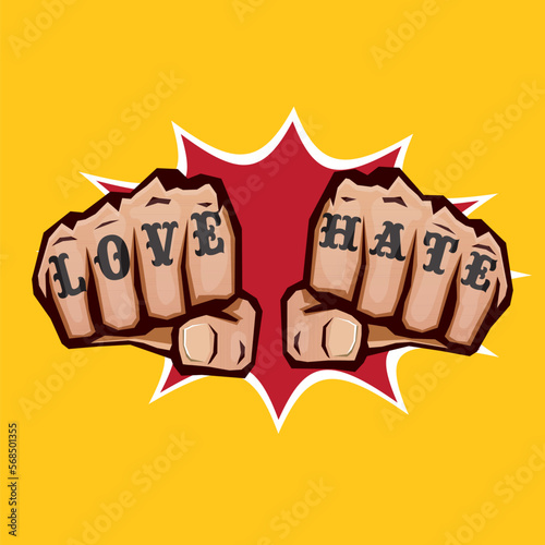 love and hate fists with tattoo isolated on orange background. Fight for love concept illustration with fist punch. love and hate print design template for tee shirt. Valentines day card and banner