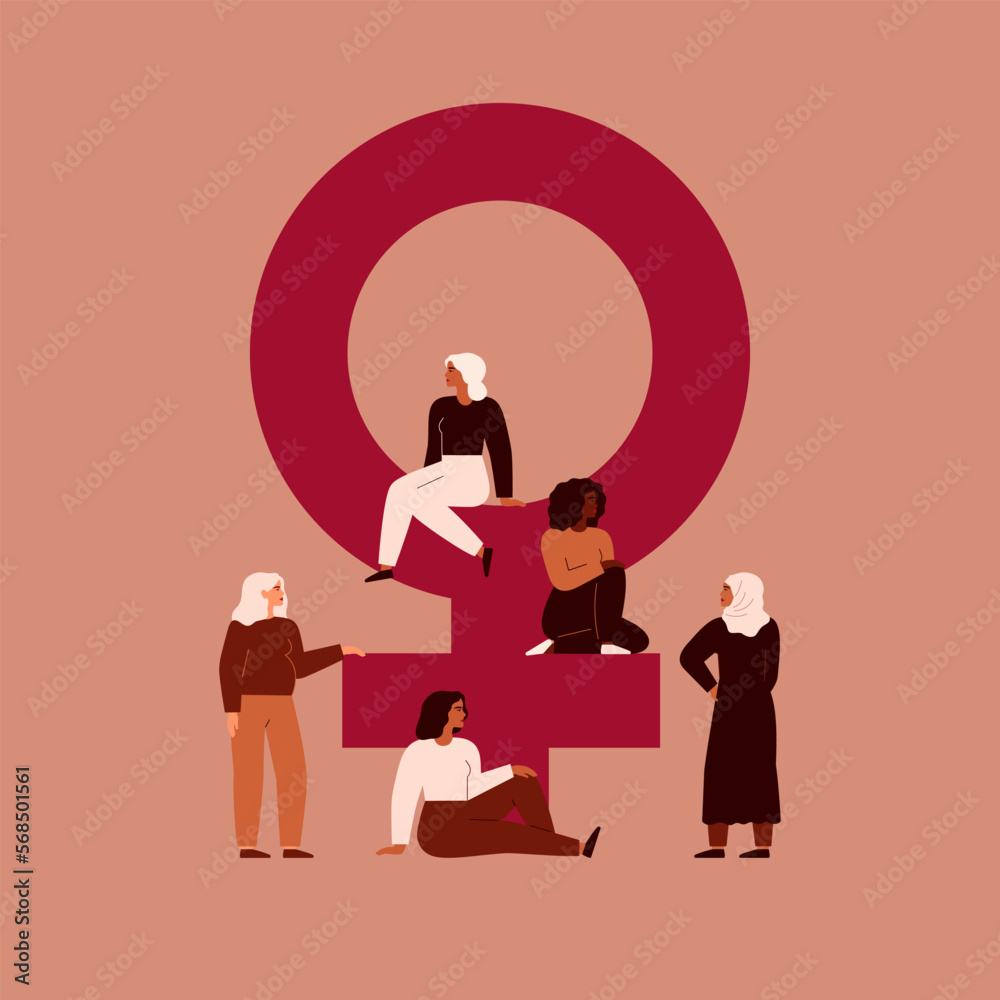 Confident women stand side by side near big female pink symbol. Multicultural group of girls which support and care each other. Womens day greeting poster. Vector illustration Confident women stand side by side near big female pink symbol. Multicultural group of girls which support and care each other. Womens day greeting poster. Vector illustration