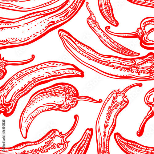 Red pepper chilli seamless print. Hot spice Sketch