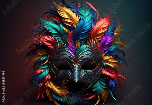 Realistic luxury carnival mask with blue feathers. Abstract blurred background, gold dust, and light effects. Generative Ai © Melamory