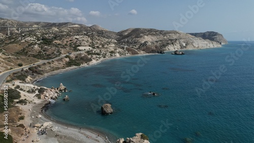 Fascinating Aphrodite Beach. The view from the drone. Breathtaking views of Cyprus.