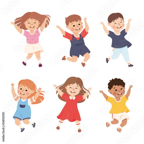 Happy Boy and Girl Jumping with Joy and Hands Up Cheering and Having Fun Vector Set