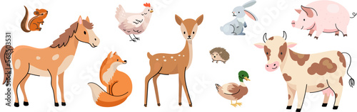 Farm and forest animal characters. Farmed animals, cow horse and pig. Isolated cartoon kids zoo elements, nowaday wildlife vector collection © MicroOne