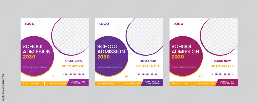 a set of back to school colorful online banner, school admission, newest, registration and square media banner photo