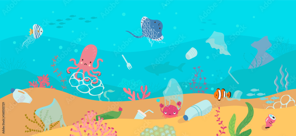 Obraz premium Garbage in ocean. Dirty sea, plastic trash and underwater animals. Polluted nature, environment ecology problems. Nowaday marine life vector scene
