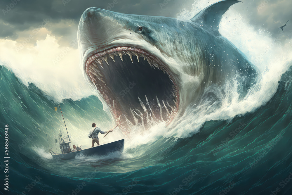 illustration painting of giant shark attacks people in the sea (ai  generated) Stock Illustration