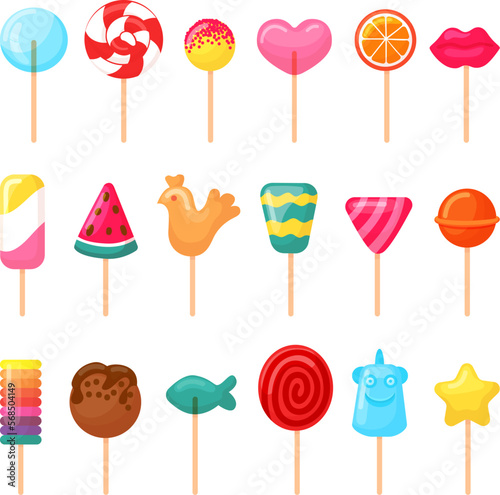 Cartoon lollipop candies. Sweet lollipops, candy christmas party. Sugar delicious caramel on stick, birthday gift for children, neoteric vector clipart