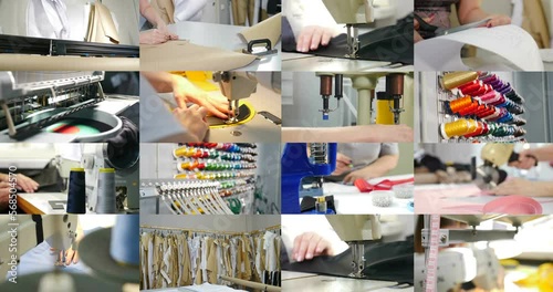 Multiscreen, collage. Sewing factory. Sewing machines. Cutting textile and stitching fabric, Busy atelier. Tailoring industry, Fashion designer concept. Production process in garment factory, 4 k