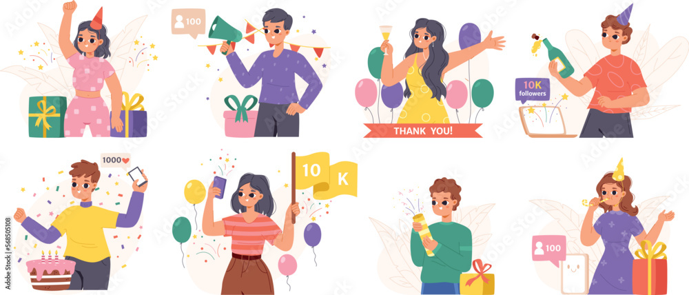Bloggers celebrating and greetings new subscribers. Content makers, streaming young characters celebrate. Snugly thanks to followers party vector scenes Bloggers celebrating and greetings new subscribers. Content makers, streaming young characters celebrate. Snugly thanks to followers party vector scenes