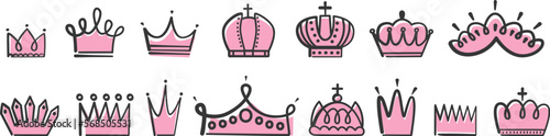 Hand drawn princess queen crowns. Doodle crown pink and black. Isolated king, royal design elements. Cute for little girl vector stickers