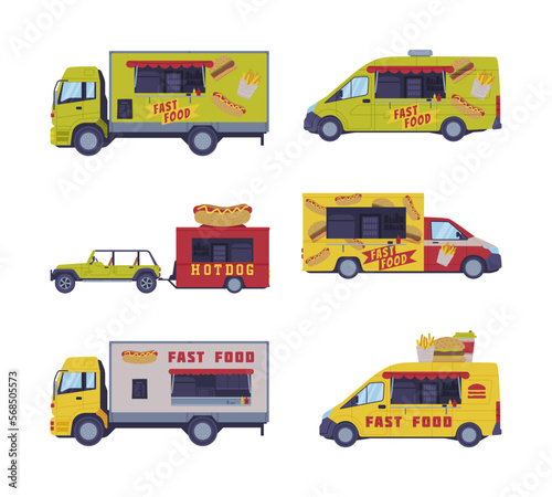 Food Truck as Equipped Motorized Vehicle for Cooking and Selling Street Food Vector Set