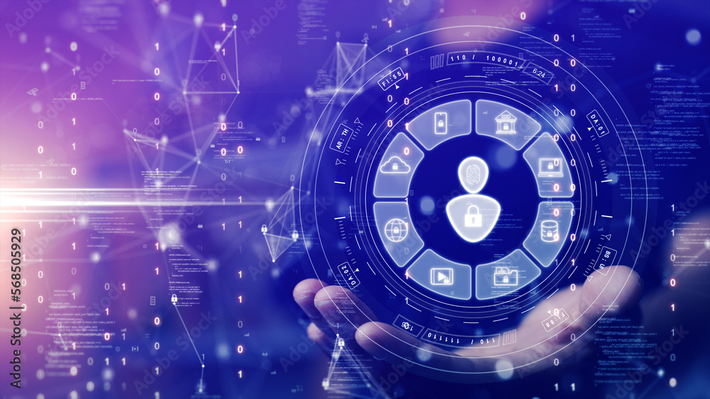 digital cyber security data protection technology concept. Access to online network website connection system. The user icon is surrounded by other icons. Binary code polygon on background. digital cyber security data protection technology concept. Access to online network website connection system. The user icon is surrounded by other icons. Binary code polygon on background.