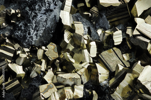 pyrite on galena macro detail texture background. close-up raw rough unpolished semi-precious gemstone