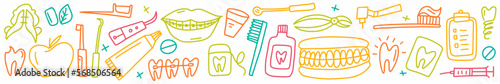 Vector, dental, horizontal hand-drawn pattern in doodle style	
