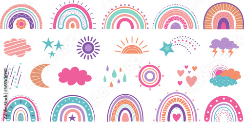 Boho weather elements, rainbow and clouds. Colorful cartoon rainbows, decorative baby stickers. Cute elements for diary or notes decor, decent vector set