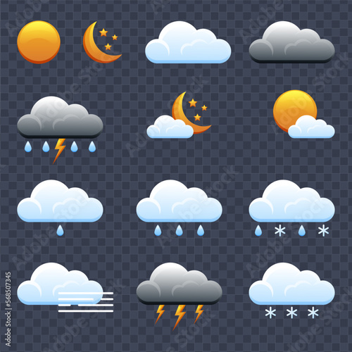 Weather icons. Realistic weather icons set isolated on transparent background. Forecast weather flat symbols.