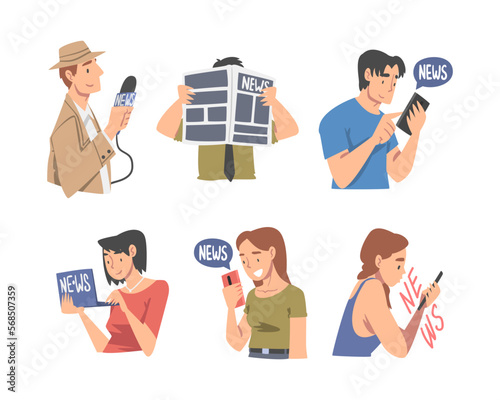 People Character Gathering News from Smartphone, Web Page and Newspaper Vector Set